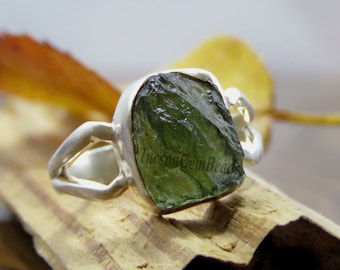 Raw Moldavite Ring, 925 Sterling Silver, Rough Gemstone, Anniversary Gift