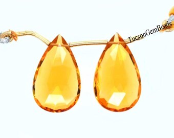Citrine Quartz Drilled Matched Pair, Hydro Pear Shape Beads, Faceted Gemstone Drops Pair, 20x15mm-30x20mm