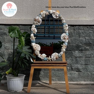 Boho Coastal Mirror Decor – Handmade Seashell Wall Mirror | Ocean Blue Coastal Decor | Nautical Beach House Mirror with Pearls (50x70 cm)