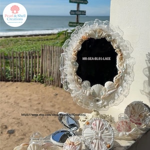 2 Style Seashell Table Mirror: Handmade Coastal Decor with Real Shell, Beach Decor Seashell mirror, Double Side Fully Designed with Shells