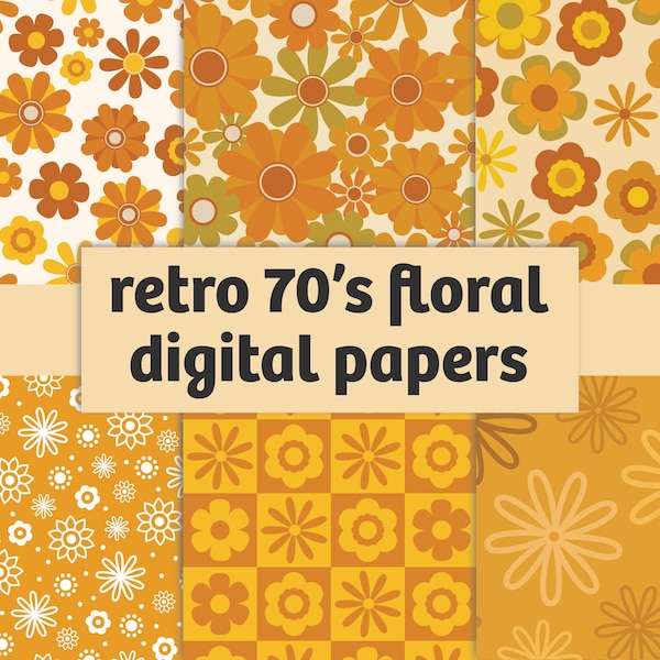 Papier de scrapbook numérique floral rétro des années 70 jaune et orange | Groovy, Funky Seventies Flower Pattern Designs | Téléchargement instantané