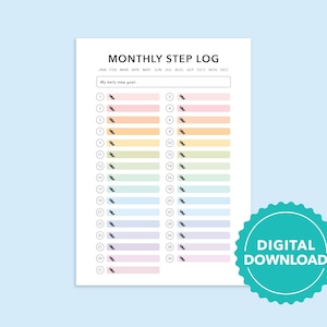 Registro mensal de etapas para impressão | Acompanhe seus passos diários | Download digital do Step Tracker A4 e tamanho carta dos EUA