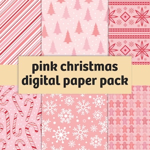 Pink Christmas Digital Paper Pack | Cute Xmas Designs with Pink Candy Canes, Christmas Trees and Snowflakes