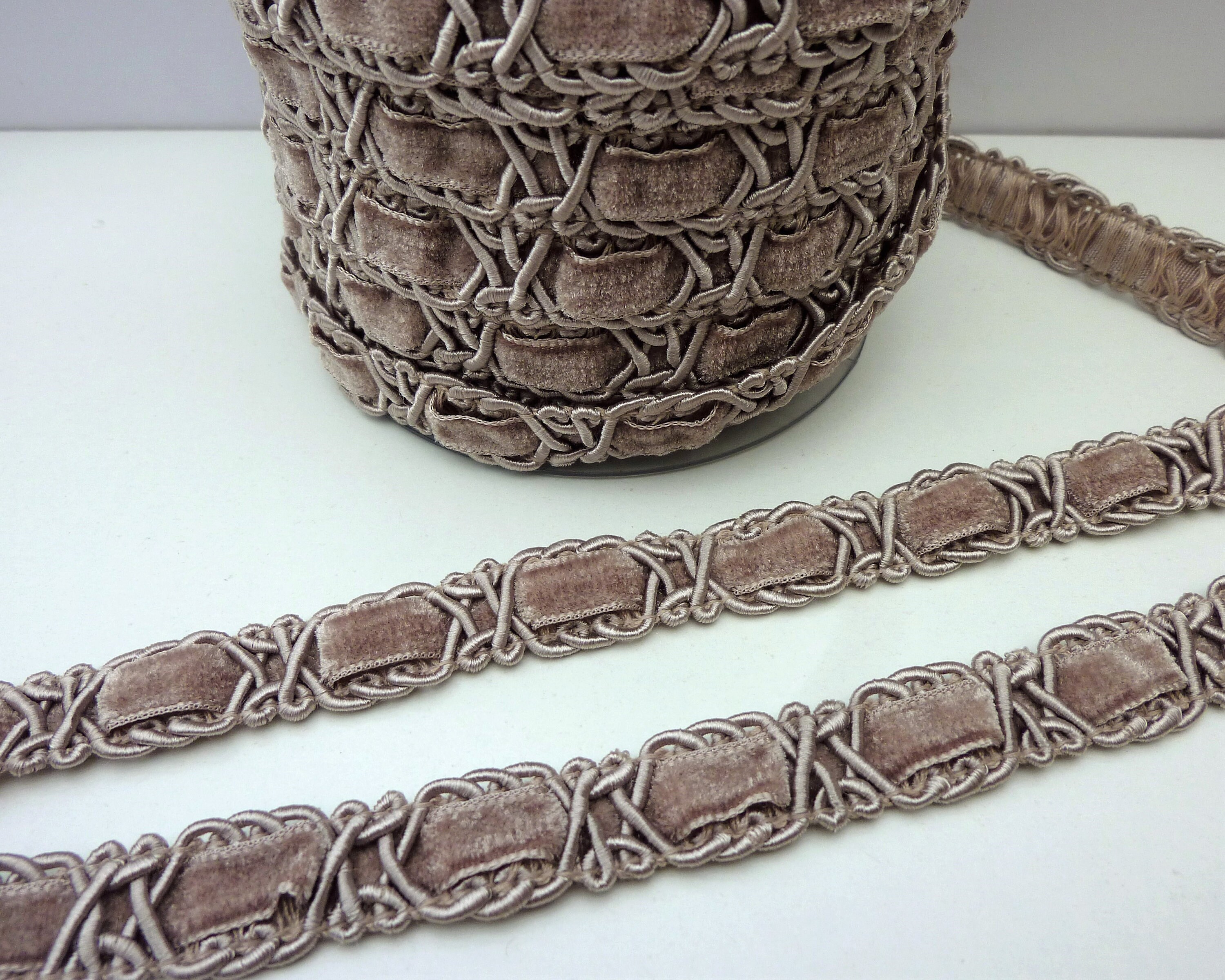 Taupe Grey Brown Upholstery Trim, Scrolled Gimp Braid, Lampshade