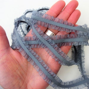 Grey elastic trim, double ruffled frilly sheer lightweight organza elastic for lingerie 18mm wide 0.7 inch