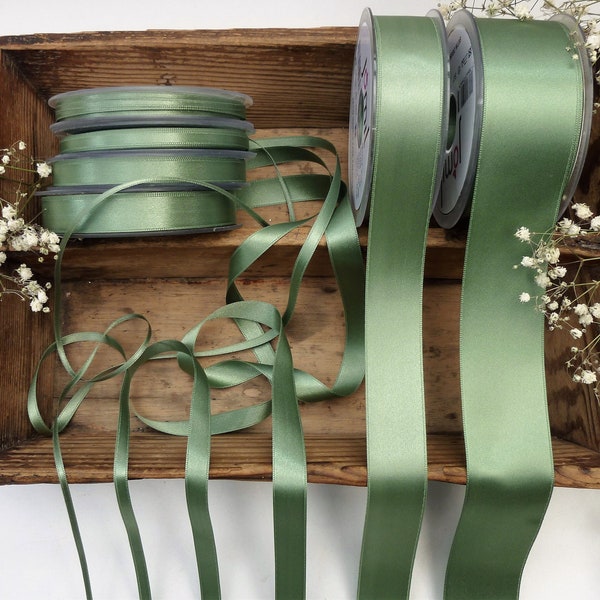 Dusty green double satin ribbon for wedding invites, favours, gift wrap, high quality soft and sumptuous, made in France