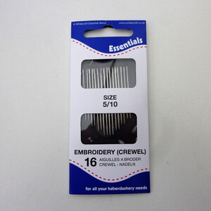 May include: A package of 16 embroidery needles, size 5/10, in a blue and white box with the text "Essentials" and "Embroidery (Crewels)".