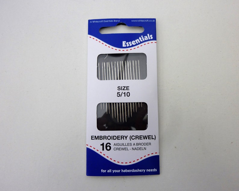 May include: A package of 16 embroidery needles, size 5/10, in a blue and white box with the text "Essentials" and "Embroidery (Crewels)".