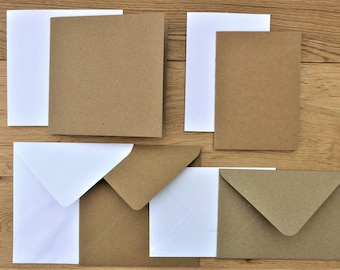 50 Blank Cards With Envelopes, Square & A6, Kraft Brown, White