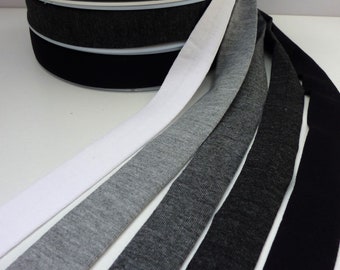 Jersey bias binding grey black, white soft stretch bias tape, single fold, 20mm 25/32 inch