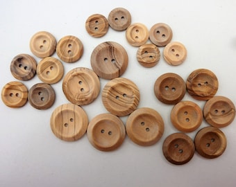 Natural wooden buttons, 2 hole grained olive wood, 5 sizes, pack of 6 to 12