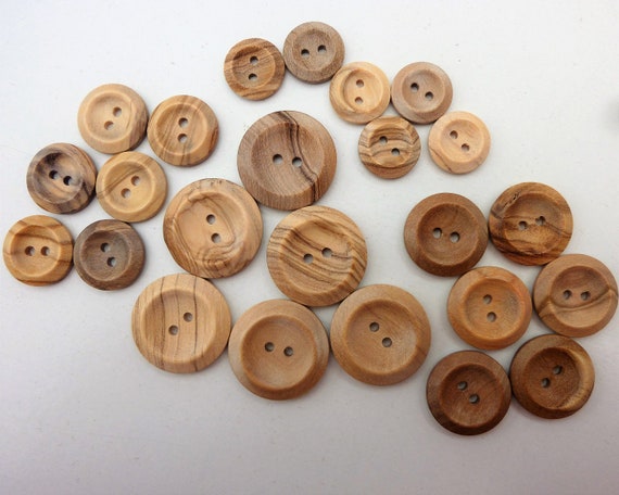 Natural Wooden Buttons, 2 Hole Grained Olive Wood, 5 Sizes, Pack of 6 to 12  