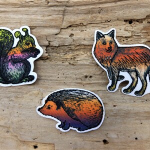 May include: Three embroidered iron-on patches featuring a squirrel, a fox, and a hedgehog. The squirrel is green and purple, the fox is orange and brown, and the hedgehog is orange and purple.