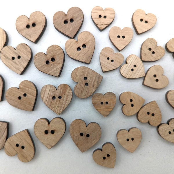 Wooden heart Buttons, 2 hole, 15mm and 20mm, pack of 4 to 12, Sehlbach and Whiting