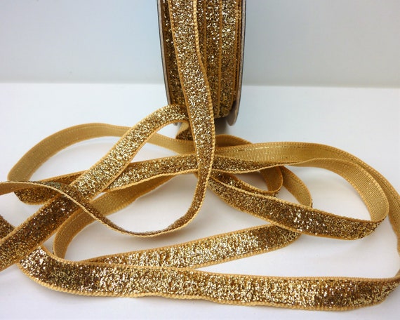 Gold Glitter Velvet Ribbon, Sparkly Metallic Trim, 10mm 3/8 Inch