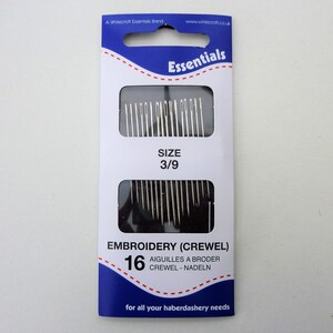 May include: A package of 16 size 3/9 embroidery needles. The package is blue and white with the text "Essentials" and "Embroidery (Crewels)".