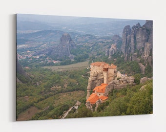 Greece Meteora Landscape With Monastery And Rock Formations Photography Ready To Hang Canvas Wall Art