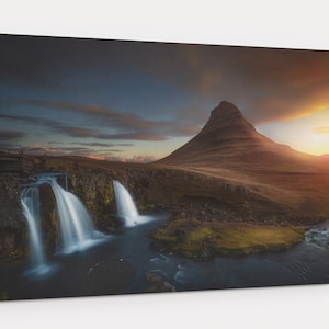 Iceland Sunrise Photography Ready To Hang Canvas Wall Art with Kirkjufell mountain and waterfall in dramatic light