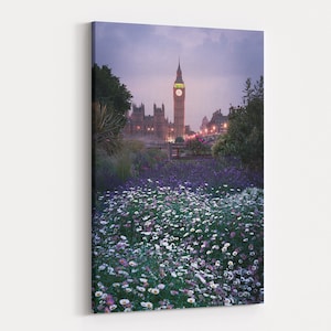 London Big Ben With Spring Flowers At Sunset Photography Ready To Hang Canvas Wall Art