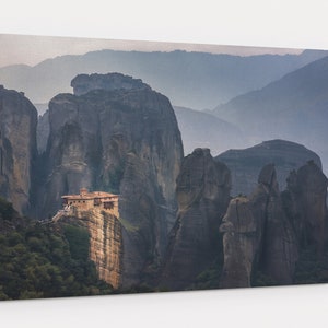 Meteora Greece Photography Ready To Hang Canvas Wall Art with monastery in dramatic background