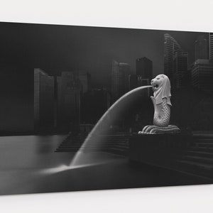 Singapore Marina Bay Merlion Black and White Photography Ready To Hang Canvas Wall Art image 1