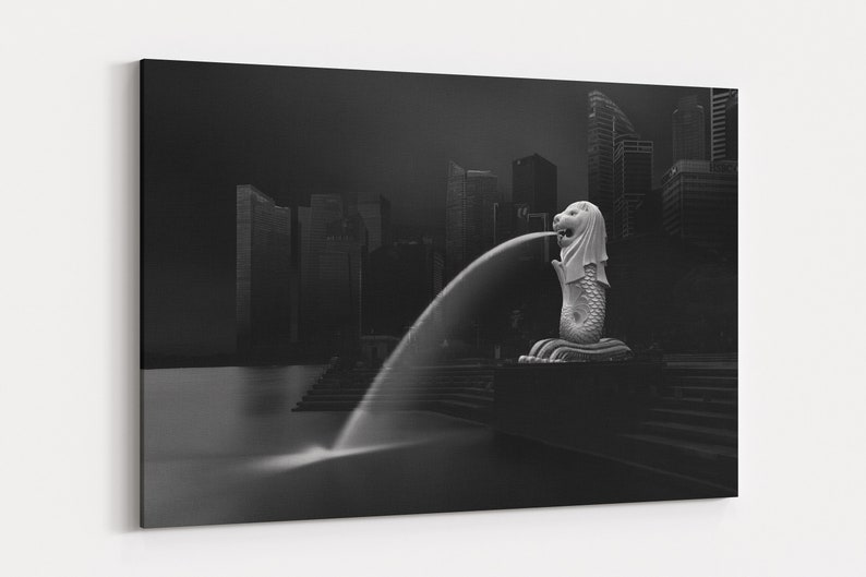 Singapore Marina Bay Merlion Black and White Photography Ready To Hang Canvas Wall Art image 1