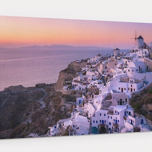 Greece Oia Santorini With White Houses And Windmill Facing Ocean At Sunset Photography Ready To Hang Canvas Wall Art