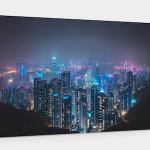 Hong Kong Skyline At Night Photography Ready To Hang Canvas Wall Art with futuristic look