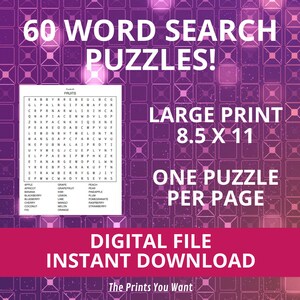 60 WORDSUCHE Rätsel mit Lösungen. Großer Druck. Ein Puzzle pro Seite. Sofortiger Download - DIGITALE Datei. Gehirn Puzzles. Viel Spaß und Freude!