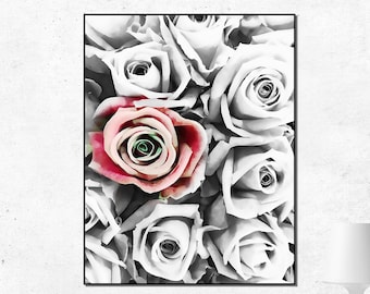 ONE RED ROSE Print, Black and White Wall Art, Modern Art, Artistic print, Home decor, Instant Download, Romantic Wall Art, Rose Poster