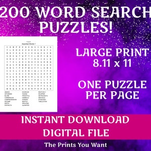 200 WORD SEARCH Puzzles with Solutions. Large Print. One Puzzle per Page. Instant Download- DIGITAL File. Brain Puzzles. Enjoy and Have Fun!