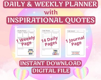 INSPIRATIONAL Daily & Weekly Planner/Journal with COLORFUL QUOTES. Each page with a Quote Doodle design. Digital file. Instant Download.