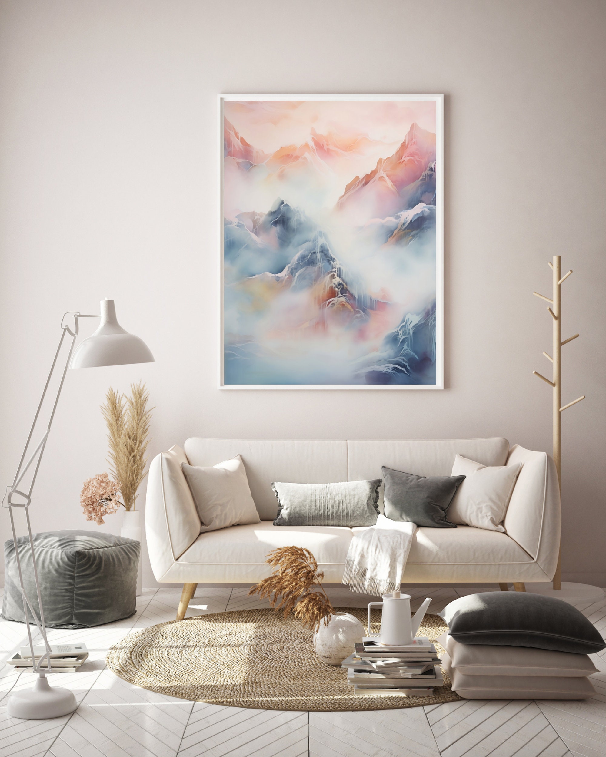Ethereal Landscape Painting of MOUNTAINS in a Mist of Blue, Pink Shades ...