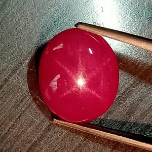 May include: A polished, oval-shaped, red gemstone with a star-like effect. The gem is held by wooden tweezers, showcasing its vibrant color and unique optical phenomenon. The gemstone is a ruby.