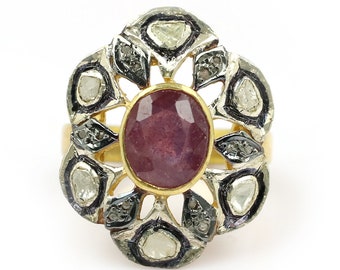 Rubin diamant silverring , Rubin viktoriansk antik look , Diamant rubin polki ring , Diamant polki slipning , Rubin enkelslipad ring , Förgylld