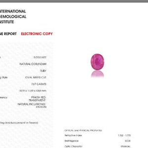 May include: A detailed report from the International Gemological Institute for a 7.67 carat oval mixed cut ruby. The report includes information about the stone's colour, clarity, and other characteristics. The report number is 572331622.