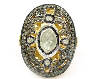 Diamond Polki Ring , Vintage Look Diamond Jewelry , Polki Single Cut , Antique Victorian Look , Diamond Cocktail Ring , Gold Plated Jewelry