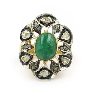 Antieke look, emerald diamond polki ring, Victoriaanse smaragdgroene ring, smaragdgroene ring, diamant polki, single cut diamanten ring, verguld