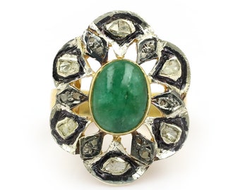 Antik look, Smaragd diamantring, Viktoriansk smaragdring, Smaragdring, Diamantring, Enkelslipad diamantring, Förgylld