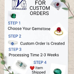 May include: A step-by-step guide for custom jewellery orders. The steps include choosing a gemstone, creating a custom order, processing the order, and shipping the finished item. The image shows various gemstones and rings.