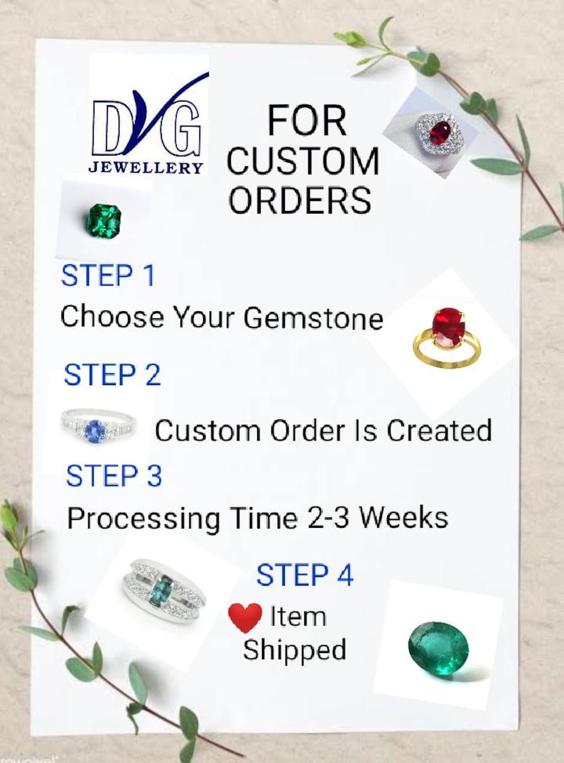 May include: A step-by-step guide for custom jewellery orders. The steps include choosing a gemstone, creating a custom order, processing the order, and shipping the finished item. The image shows various gemstones and rings.