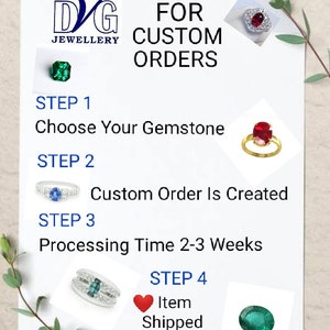 Puede incluir: Una gu&iacute;a paso a paso para pedidos de joyer&iacute;a personalizados. Elige tu piedra preciosa, crea un pedido personalizado y espera de 2 a 3 semanas para el procesamiento. El art&iacute;culo se enviar&aacute; una vez que est&eacute; listo.