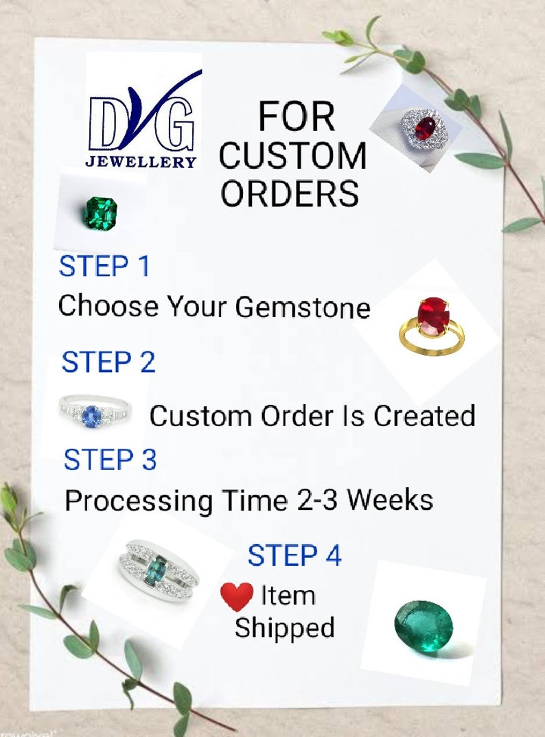 Puede incluir: Una gu&iacute;a paso a paso para pedidos de joyer&iacute;a personalizados. Elige tu piedra preciosa, crea un pedido personalizado y espera de 2 a 3 semanas para el procesamiento. El art&iacute;culo se enviar&aacute; una vez que est&eacute; listo.