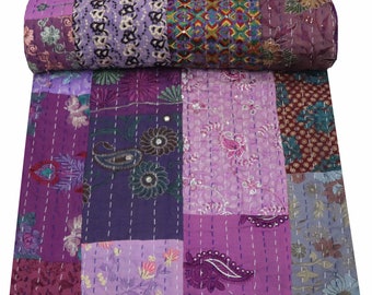 Indian Handmade Patchwork Kantha Quilt Purple Color Pure Cotton  Ethnic Art Bedspread Kantha Gudari Bohemian Blanket Throw