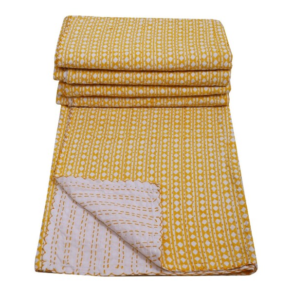 Queen Kantha Quilt Yellow Diamond Print Kantha Bedspread Blanket Throw Quilt Twin Kantha Quilt Vintage Gudari Kantha Bed Cover Bedding Quilt