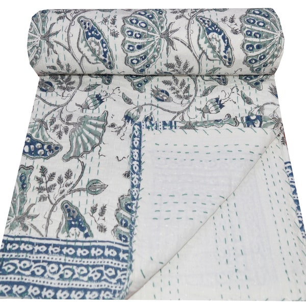 Indien Fait à la main Kantha Quilt Traditionnel Floral Imprimé Coton Kantha Throw Twin Couvre-lit Couverture Taille unique