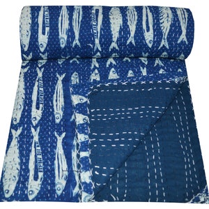 Indian Vintage Hand Block Kantha Quilt Fish Print Twin/Queen Blue Indigo Cotton Kantha Quilt Bedspread Throw Gudari