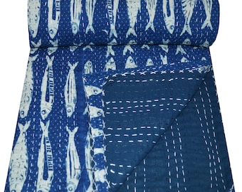 Indian Vintage Hand Block Kantha Quilt Fish Print Twin/Queen Blue Indigo Cotton Kantha Quilt Bedspread Throw Gudari