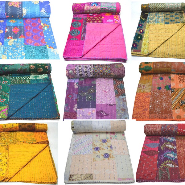 Indian Handmade Assorted Patchwork Kantha Quilt Queen Size Vintage Embroidery Kantha Throw Blanket Bedspread