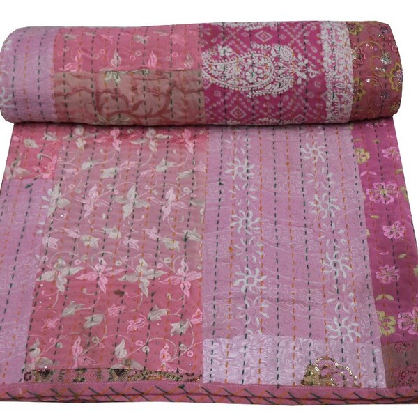 Indian Handmade Light Pink Assorted Patchwork Kantha Quilt Pure Cotton Ethnic Art Bedspread Kantha Gudari Bohemian Blanket Throw